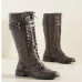 Women's Zipper Flat Buckle Leather Knee High Biker Boots Round Toe Casual Shoes