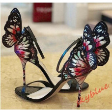 Women Stiletto High Heels Butterfly Genuine Leather Open Toe Ankle Strap Sandals