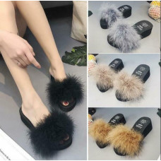 Women Wedge Fur Furry Sliders Slippers Comfy Sandal Beach Flip Flops Shoe Summer