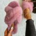 Lady's Faux Rabbit Fur Slippers Cross Band Flat Sandals Casual Summer furry