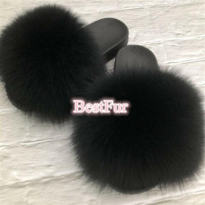 Black-Max Large XXL Real Fox Fur Slides Womens Sliders Slippers Sandals Shoes 