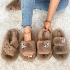 Fluffy Faux Fur Slippers Glitter Furry Rhinestone Slides Designer Butterfly