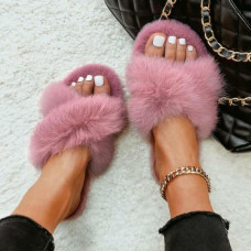 Lady's Faux Rabbit Fur Slippers Cross Band Flat Sandals Casual Summer furry